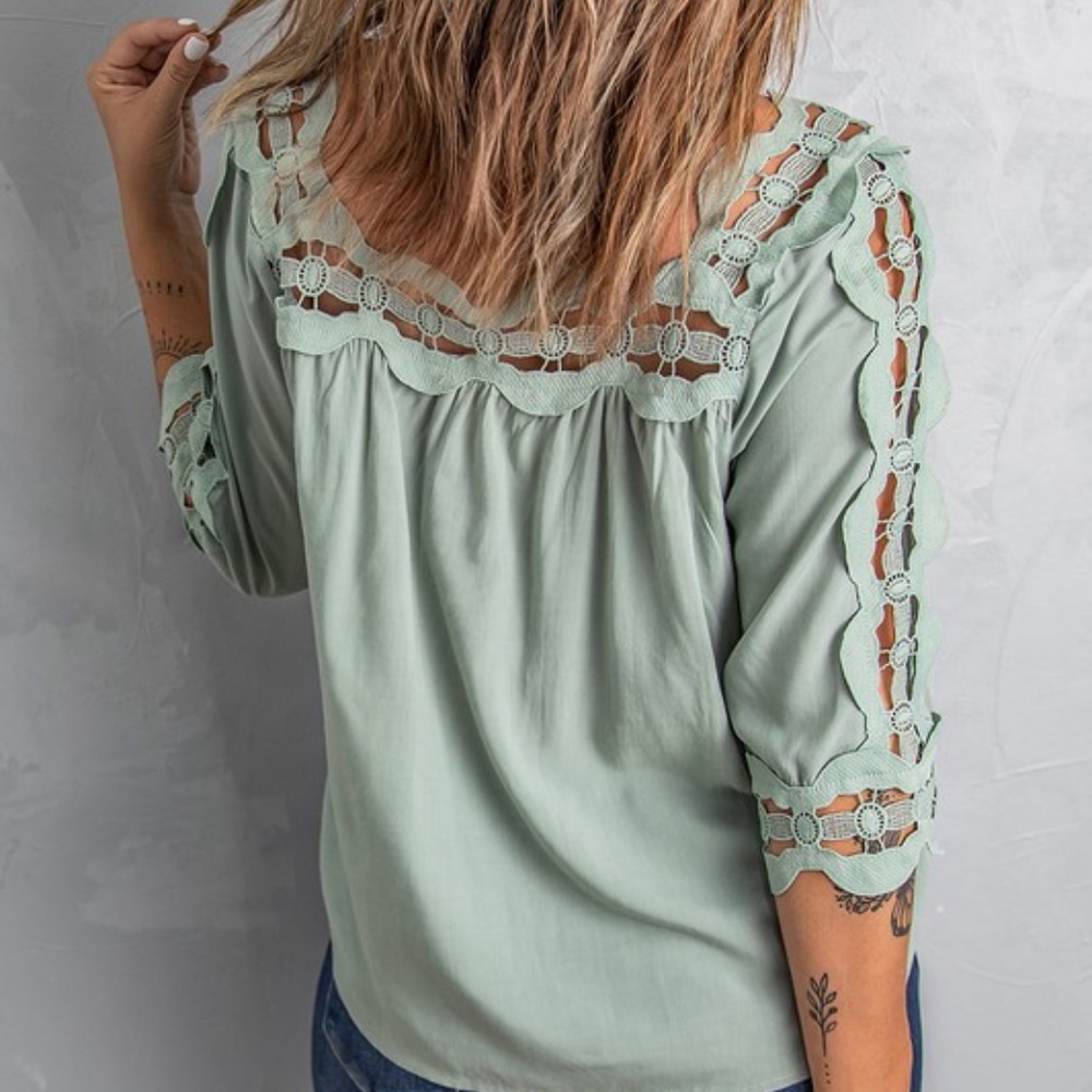 044 Boho Mint Green Romantic Crochet Cut out Blouse - Picture 3 of 3